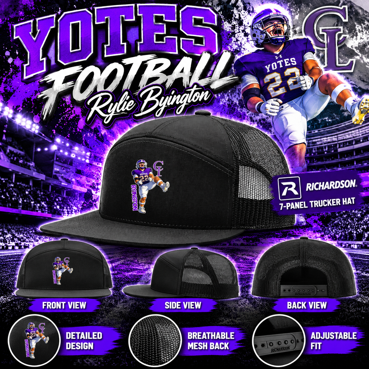 Rylie Byington #22 | Yotes Football Richardson 7-Panel Trucker Hat